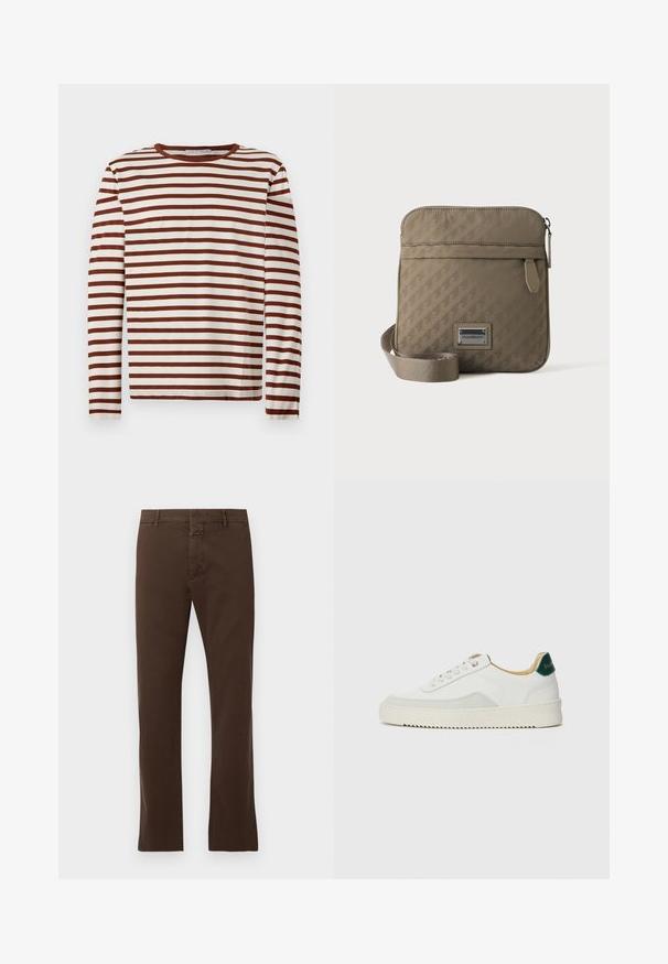 T-shirt à manches longues et col rond avec des rayures horizontales marron et blanches, fabriqué en tissu doux, posé à plat sur un fond clair.; CLOSED CLIFTON TRUE - Chino - espresso brown; Baskets blanches avec des accents en daim, bout arrondi, lacets plats et semelle en caoutchouc crème. Présente une marque verte sur le talon.; Sac bandoulière beige avec sangle réglable, poche avant zippée et motif géométrique embossé, avec une petite plaque logo en métal.