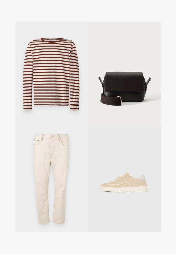 Langslavige crew neck-shirt met horizontale bruine en witte strepen, gemaakt van zachte stof, plat gelegd op een lichte achtergrond.; Beige denim jeans met een rechte pijp, voorzien van vijf zakken, contrasterende stiksels en een knoopsluiting bij de taille.; Beige suède sneaker met witte zool en veters, low-top ontwerp en zigzagprofiel op de zool.; Donkerbruine leren schoudertas met klepsluiting en verstelbare stoffen riem op witte achtergrond.