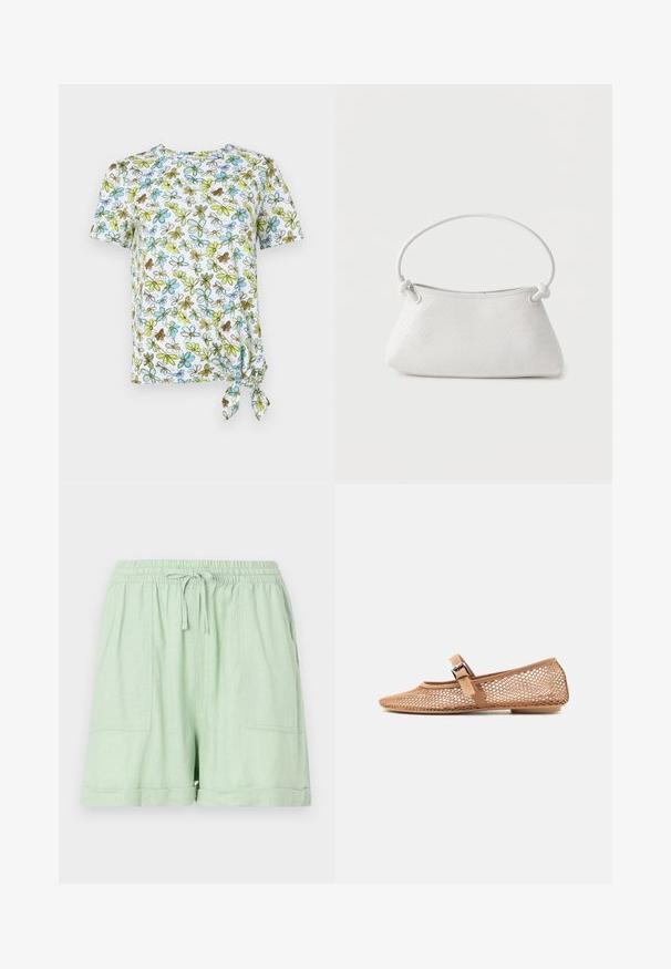 Camiseta de manga corta, blanca, con estampado floral en azul, verde y marrón. Presenta un detalle anudado en el costado para un efecto fruncido.; Pantalones cortos de mezcla de lino en verde claro, con una cintura elástica, cierre de cordón y dos bolsillos frontales; presenta un detalle de dobladillo enrollado.; Zapato plano tipo Mary Jane con correa de hebilla, con diseño de malla y tacón bajo sobre un fondo blanco liso.; Bolso de mano de cuero blanco tejido con asa redondeada y extremos de la correa anudados, exhibido sobre un fondo liso.