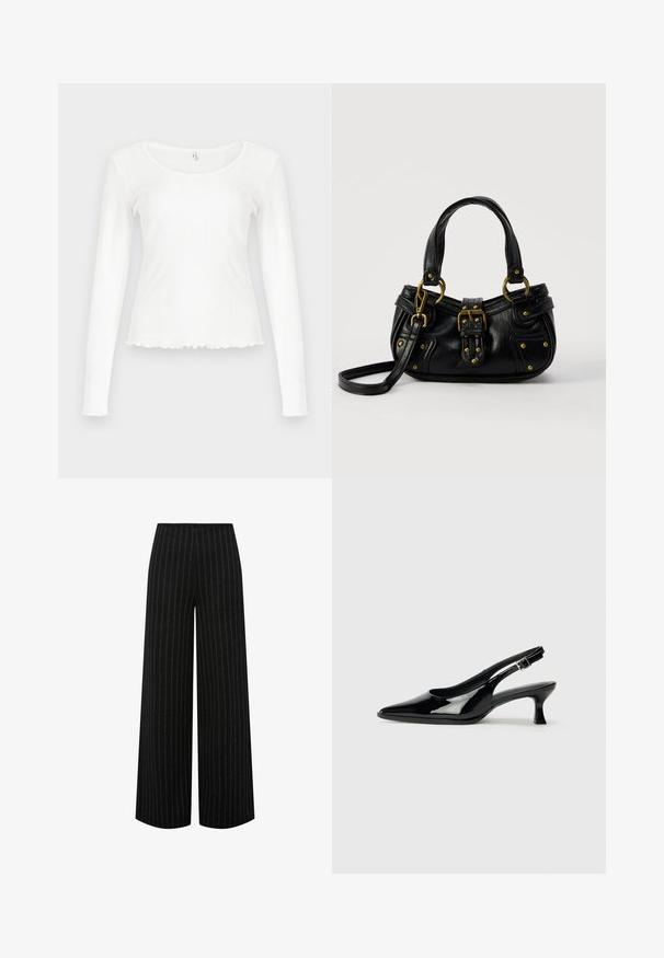 Haut blanc à manches longues en tissu côtelé. Dispose d'un col rond et d'un ourlet effiloché, avec une silhouette ajustée. Aucun accessoire visible.; Pantalon noir à jambes larges avec des fines rayures verticales blanches et une taille haute, présenté à plat sur un fond blanc.; Escarpins en cuir verni noir avec un bout pointu et un petit talon carré. Sangle réglable à la cheville avec boucle.; Sac à main en cuir noir avec boucle dorée et détails à rivets, poignées courtes et bandoulière réglable sur fond blanc uni.