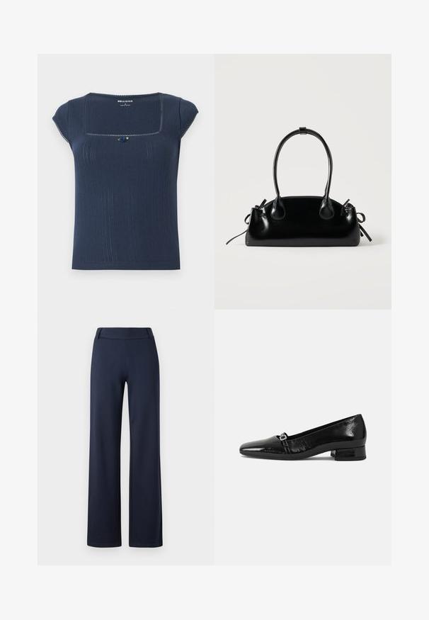 Top de color azul marino de canalé con escote cuadrado, mangas cortas y un acento decorativo en azul y verde cerca del escote.; Pantalones de pierna ancha en azul marino, fabricados con un material suave y elástico. Cuentan con una cinturilla plana y una textura suave; sin patrones visibles ni herrajes.; Bailarinas de charol negro con punta afilada, tacón cuadrado bajo y un pequeño detalle de hebilla metálica en la correa. Textura suave.; Pequeño bolso negro brillante con dos asas largas y detalles de cordón lateral sobre un fondo claro liso.