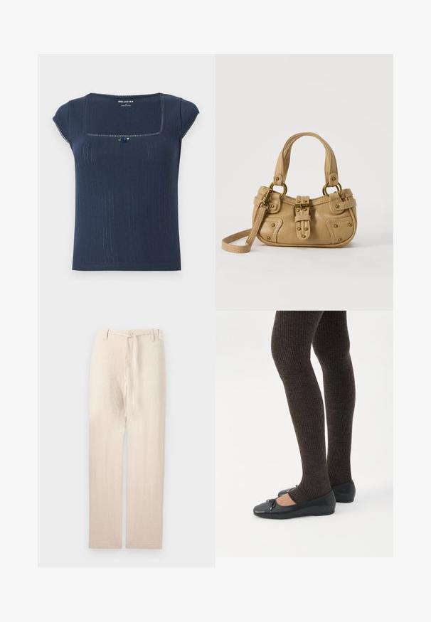 Top de color azul marino de canalé con escote cuadrado, mangas cortas y un acento decorativo en azul y verde cerca del escote.; Pantalones de lino beige con un diseño de pierna recta, que presentan un cierre de botón y una corbata de tela en la cintura, ofreciendo una apariencia ligera y texturizada.; Piernas con leggings oscuros acanalados combinados con bailarinas negras que presentan pequeños detalles de lazo sobre un fondo blanco.; Bolso de cuero beige con doble asa, hebilla y remaches de latón, y una correa de hombro ajustable sobre un fondo blanco.