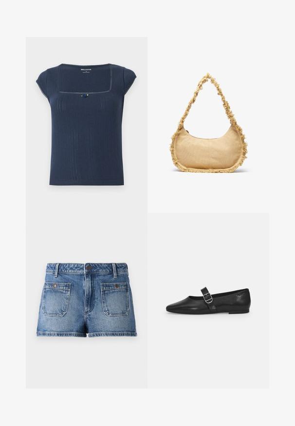 Tummansininen ribattua materiaalia oleva toppi, jossa on neliönmuotoinen pääntie, lyhyet hihat ja koristeellinen sinivihreä yksityiskohta pääntiellä.; Vaaleansiniset denim-shortsit, joissa on kulunut viimeistely, viiden taskun muotoilu, kaksi etutaskua, kaksi takataskua ja napillinen vyötärö.; Mustat nahkakengät, joissa on pyöreä kärki, yksi säädettävä solkiremmija sileä, kiiltävä pinta. Minimalistinen muotoilu ja matala korko.; Beige laukku, jossa on pyöreä muoto, repsottavat reunat ja lyhyt kantokahva. Vetoketjullinen avaus ylhäällä.