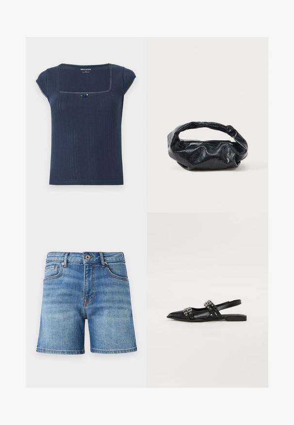 Top de color azul marino de canalé con escote cuadrado, mangas cortas y un acento decorativo en azul y verde cerca del escote.; Shorts de mezclilla en azul claro, con un diseño clásico de cinco bolsillos, un ligero desgaste, corte recto y un dobladillo cosido.; Even&Odd by Zalando Bailarinas con tira trasera - black; Bolso negro hecho de un material brillante y texturizado con un asa circular retorcida y un cierre de cremallera. Presenta un diseño suave y arrugado.