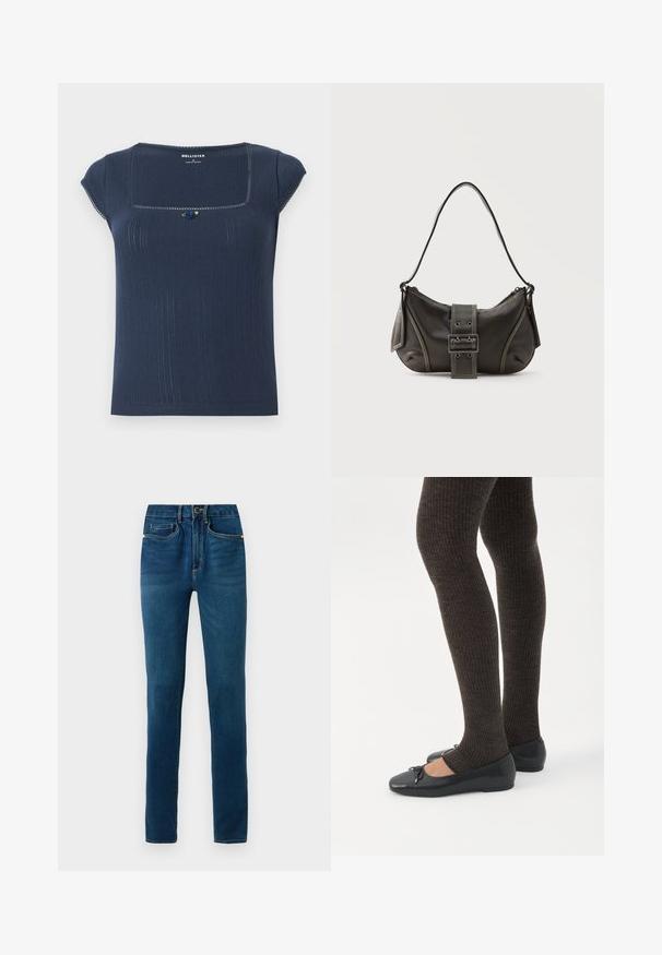 Diepblauw geribbeld t-shirt met een vierkante halslijn, korte mouwen en een decoratieve blauw-groene accent bij de halslijn.; Donkerblauwe denim jeans met een recht gesneden pijp, voorzien van een knoopsluiting, riemlussen en klassieke voor- en achterzakken.; Benen met donkere geribbelde leggings gecombineerd met zwarte ballerina's met kleine strikdetails op een witte achtergrond.; Zwarte leren schoudertas met gespsluiting aan de riem, afgeronde hoeken en contrasterende witte stiksels op een effen achtergrond.
