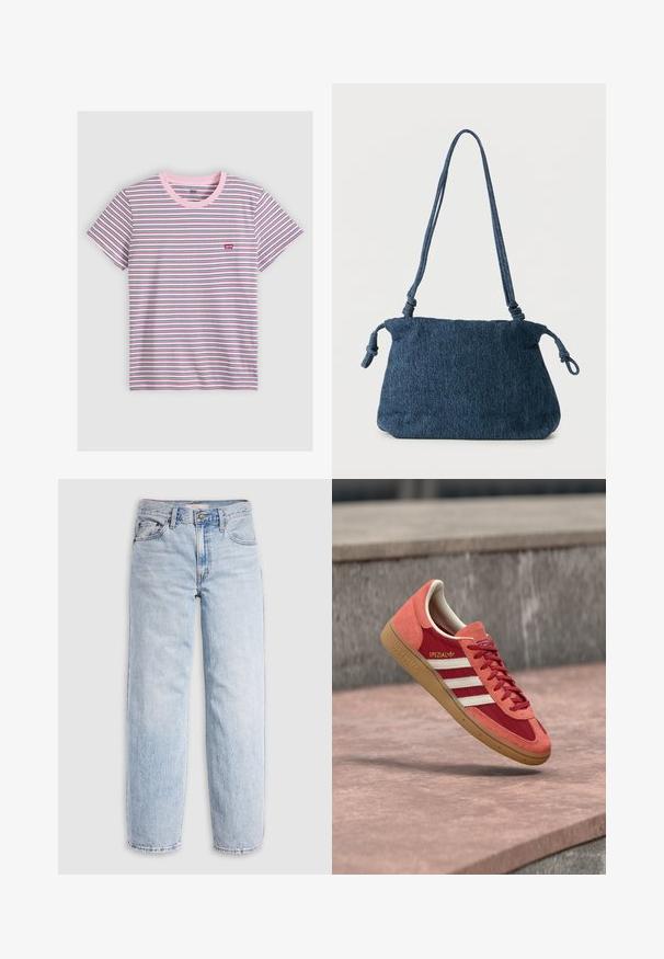 Kortærmet T-shirt med rund hals og tynde horisontale striber i hvid, pink, sort og blå, med et lille rødt Levi's-logo på brystet.; Lyseblå denimjeans med høj talje, afslappet pasform, lige ben og et klassisk design med fem lommer. Synlige falmede detaljer og syninger.; Rød og orange Adidas Spezial sneaker med hvide striber og gummisål, der svæver over betongulv og trin i baggrunden.; Mørkeblå denim skuldertaske med knyttede stropender og en enkel rektangulær form mod en hvid baggrund.