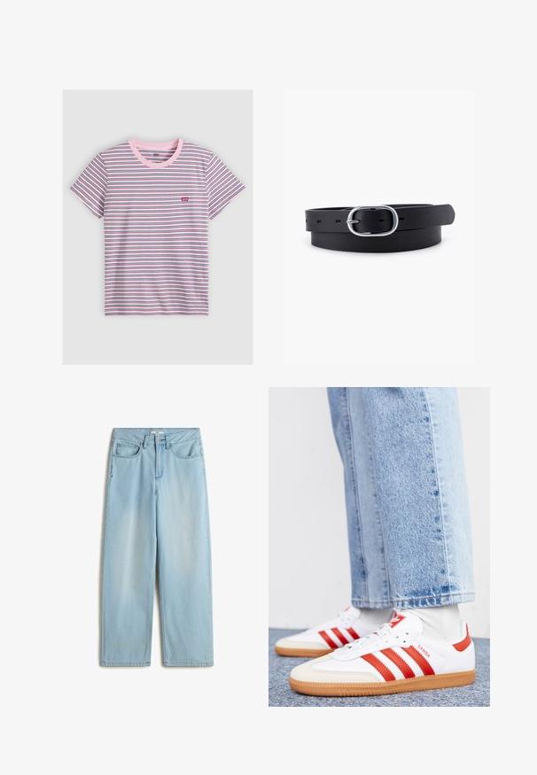 T-shirt met korte mouwen en ronde hals met dunne horizontale strepen in wit, roze, zwart en blauw, met een klein rood Levi's-logo op de borst.; Lichtblauwe hoge taille wijde jeans van denim materiaal, met vijf zakken, een rits en subtiele vervaging op de benen.; Witte leren sneakers met rode strepen en accenten. Voorzien van een getextureerde gumrubberen outsole en een gevoerde kraag. Draag ze met lichtblauwe denim.; Zwarte leren riem met een gladde textuur, ovaal zilveren metalen gespsluiting en meerdere verstelgaten langs de band. Platte, minimalistische uitstraling.