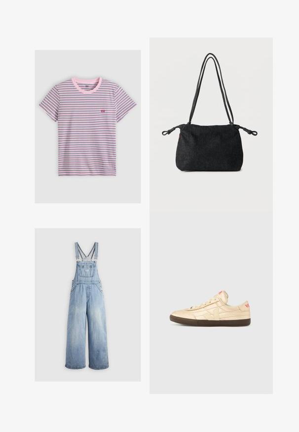 T-shirt à manches courtes et col rond avec fines rayures horizontales blanches, roses, noires et bleues, avec un petit logo rouge Levi's sur la poitrine.; Salopette en denim bleu clair avec des jambes larges, bretelles réglables, poche avant et boutons en métal sur les côtés. Style classique avec une coupe décontractée.; Baskets couleur crème avec une tige en cuir texturé, une semelle en caoutchouc marron, et un logo rouge bien visible au talon.; Sac bandoulière en denim noir avec doubles sangles en corde et extrémités nouées de chaque côté, posé sur un fond blanc uni.
