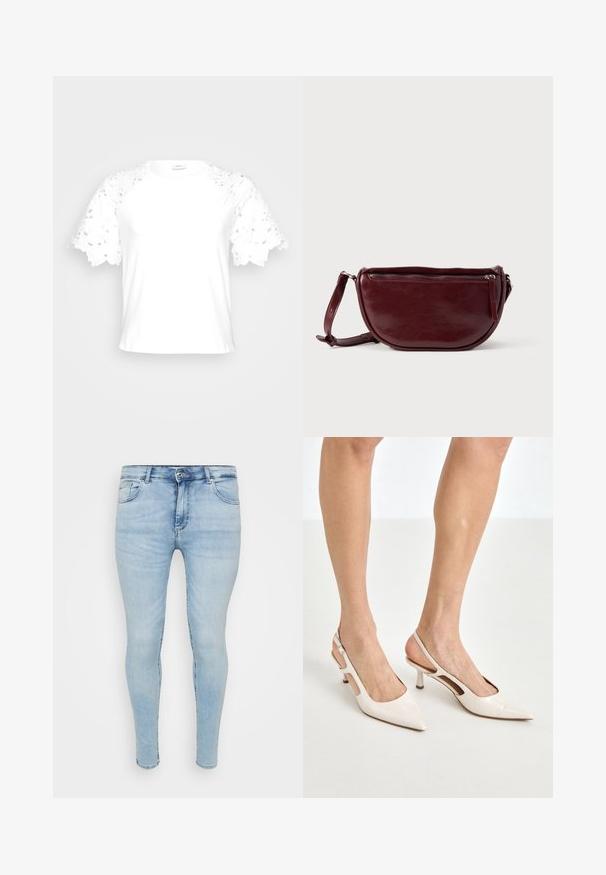 Witte t-shirt met decoratieve kanten mouwen, met een eenvoudig, strak ontwerp en een ronde halslijn.; Lichtblauwe skinny jeans met een klassiek vijf-pocket ontwerp, knoop- en ritsluiting, en een vervaagde textuur op de stof.; Beige gepatineerde leren slingback hakken met een spitze neus en een hak van 5 cm, met uitsparingen aan de zijkanten en een dunne enkelband.; Dieprode lederen handtas met een halve-maansvorm, een ritssluiting en een afneembare riem. Gladde textuur met een subtiele glans.