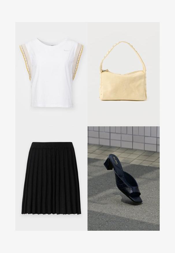 Witte katoenen t-shirt met korte, geschulpte mouwen in beige, geel en grijs. Heeft een ronde halslijn en een klein merkimago op de borst.; Vero Moda Knitted VMMARINA Short - Minirok - black; Zwarte mule-sandaal met krokodillenpatroon, vierkante neus en blokhak, rustend op een gestructureerde ondergrond nabij een betegelde muur.; Kleine beige leren handtas met een enkele band en zilveren studs langs de randen en band, tegen een effen achtergrond.