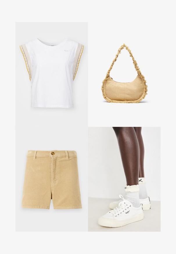 Biely bavlnený tričko s krátkymi, vykrojenými rukávmi v béžovej, žltej a sivej farbe. Má okrúhly výstrih a malé logo značky na hrudi.; Khaki korduroy šortky s textúrovaným ribovaným vzorom, s predným zapínaním na gombík a dvoma bočnými vreckami. Klasický strih rovného strihu.; Biele plátené tenisky s textúrovanou podrážkou, v kombinácii so svetlošedými členkovými ponožkami a riasenými krémovými manžetami; čierny detail loga na topánkach.; Textúrovaná béžová taška so zaobleným tvarom, s rozstrapkaným okrajom a krátkym popruhom na nosenie. Zipsový otvor na vrchu.