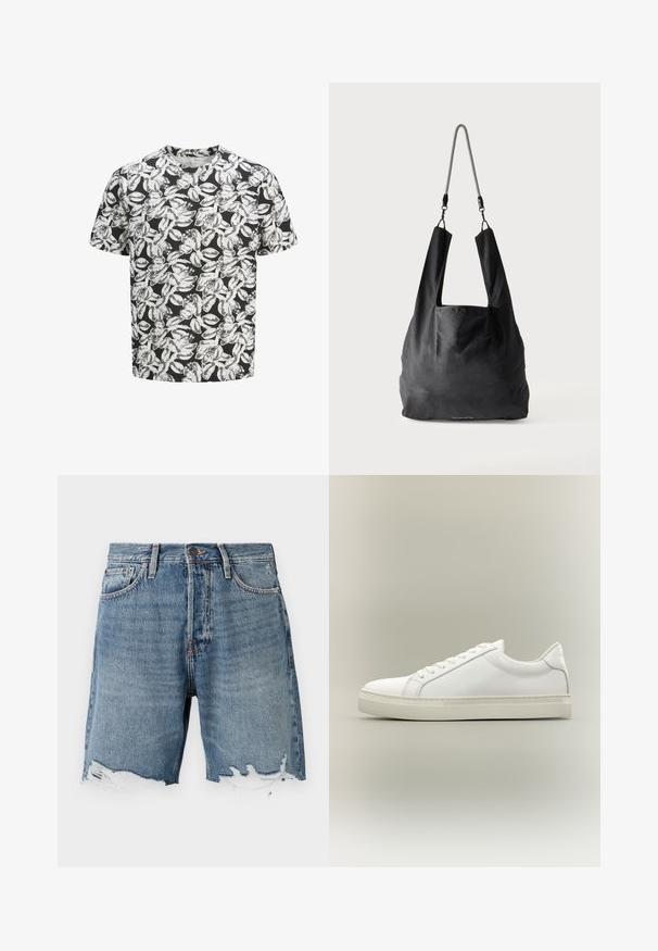 Kortærmet t-shirt lavet af blødt stof med en sort baggrund og et hvidt bladmønster over hele. Rund halsudskæring, løs pasform.; Lys blå denimshorts med en slidt kant, fem-lomme design og synlig syning. Har en knaplukning i taljen.; Hvid lavtop sneaker med snørebånd foran og tyk sål, vist fra siden mod en neutral baggrund.; Sort blød stofnettaske med brede håndtag og en tynd sort-hvid flettet skulderrem.