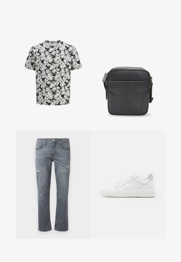 Kurzärmeliges T-Shirt aus weichem Stoff mit schwarzem Hintergrund und einem weißen Blattmuster. Rundhalsausschnitt, lässige Passform.; Graue Denim-Jeans mit geradem Bein, leichtem Distressing an den Knien und klassischem Fünf-Taschen-Design. Knopfverschluss an der Taille.; Weiße Leder-Sneaker mit glatter Oberfläche, rundem Zehenbereich, flachen Schnürsenkeln und strukturiertem Schuhsohlen. Graues Wildleder-Detail an der Ferse.; Schwarze Leder-Crossbody-Tasche mit strukturiertem Finish, ausgestattet mit einem oberen Reißverschluss und einer vorderen Reißverschlusstasche. Kompaktes und quadratisches Design.