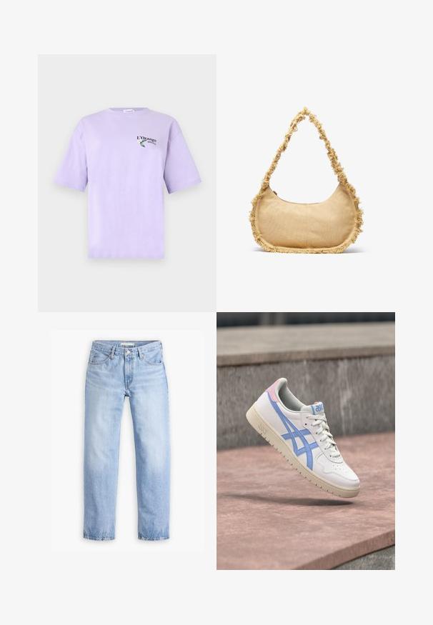 Lila T-shirt met korte mouwen met kleine tekst "L’Orange délicieux" en een bloem met twee groene bladeren op de linker bovenborst.; Lichtblauwe denim jeans met een rechte pijp, vijf zakken en een middelhoge taille. Heeft een vervaagde textuur en een gestikte zoom.; Witte sneaker met blauwe strepen en roze accenten, zwevend boven een stenen oppervlak, met nadruk op de details van de zool en veters.; Geverfde beige tas met een ronde vorm, rafelige rand langs de randen en een korte schouderband. Ritsopening aan de bovenkant.