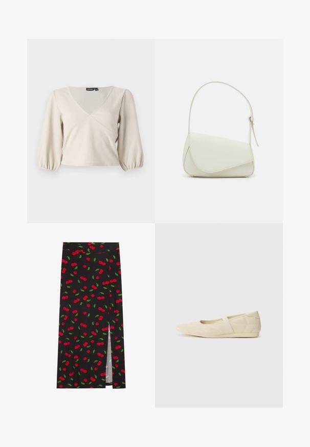 Blouse beige clair avec un col en V, tissu texturé et manches bouffantes 3/4. Dotée d'une taille cintrée et de légères fronces aux manches.; Jupe noire avec un motif de cerises comprenant des cerises rouges et des feuilles vertes. Inclut une fente latérale pour un détail de design supplémentaire.; Ballerines beiges avec une exterior en cuir lisse, un bout en forme d'amande et une sangle élastique sur le coup de pied, avec des détails de couture subtils.; Sac à main en cuir synthétique blanc avec une forme triangulaire structurée, une bandoulière unique réglable et un rabat à courbes accentuées.