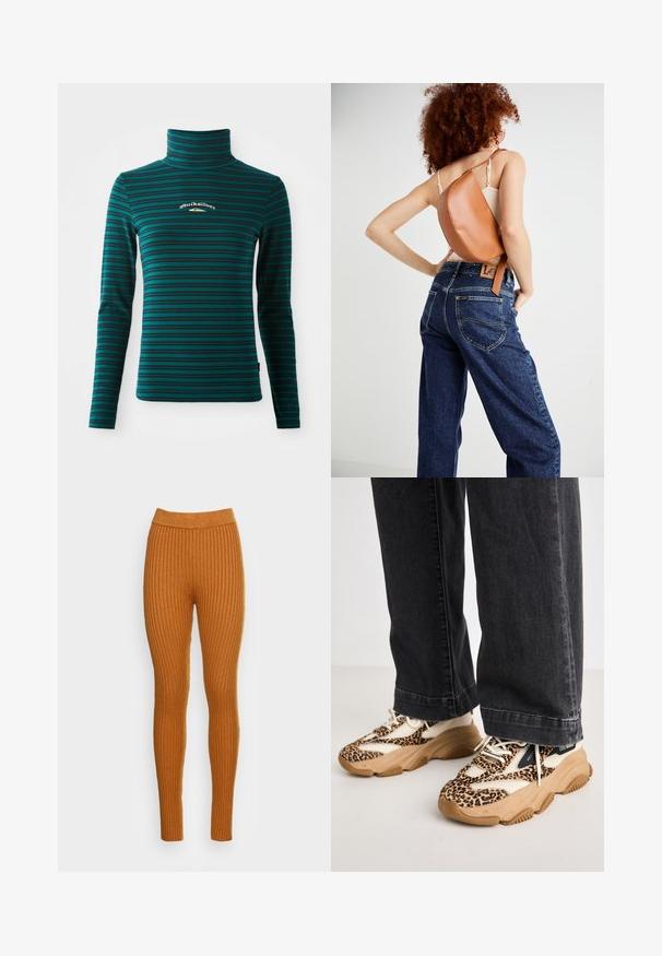 Langærmet turtleneck top i teal med mørkeblå vandrette striber. Har et lille hvidt og guld logo på brystet. Blødt, strækbart stof.; Ribbed leggings i en varm orange nuance med en høj talje. Fremstillet af et blødt stof med lodret tekstur, der giver en tætsiddende pasform.; Sneakers med leopardprint og mesh- og læderpaneler, tan-gummisål og kontrasterende sorte accenter. Båret med løstsiddende mørke jeans.; Brun læder rygsæk med et unikt buet design. Båret diagonalt, parret med højlivet blå denimjeans med gul syning.
