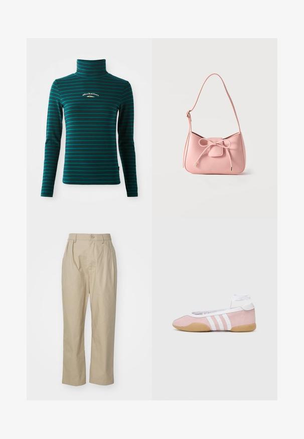 Langærmet turtleneck top i teal med mørkeblå vandrette striber. Har et lille hvidt og guld logo på brystet. Blødt, strækbart stof.; Beige bukser lavet af bomuld, med afslappet pasform, frontfolder, en enkelt knaplukning og lige ben med syede kant.; adidas Originals TAEKWONDO MEI BALLET - Sneakers - clear pink/ftwr white/gum; Lille skuldertaske i pastel lyserød med justerbar strop og frontsløjfe med guldspidsdetaljer på ensfarvet baggrund.