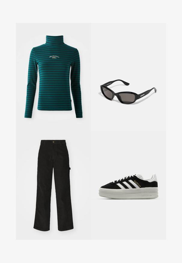 Langærmet turtleneck top i teal med mørkeblå vandrette striber. Har et lille hvidt og guld logo på brystet. Blødt, strækbart stof.; Sorte kordfløjsbukser med et lige ben-design, der har en knaplukning og sidelommer. Glat tekstur med fine lodrette striber.; Sort ruskind sneaker med hvide læderdetaljer, tre hvide striber, flade snørebånd og en tyk grå platformsål. Guldfarvet "Gazelle" branding.; Sorte solbriller med rektangulært stel, mørke linser, glat plastmateriale og en metalaccent på templet.