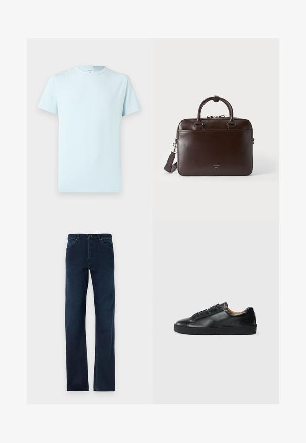 Hellblaues T-Shirt mit kurzen Ärmeln aus weicher Baumwolle. Verfügt über einen klassischen Rundhalsausschnitt und ein minimalistisches Design ohne Muster oder Verzierungen.; Dunkelblaue Jeans aus Denim mit geradem Schnitt, fünf Taschen, einem Knopfverschluss und kontrastierenden Nähten entlang der Säume.; Schwarze Leder-Sneaker mit glatter Textur, runder Zehenpartie und Schnürverschluss. Verfügt über eine dicke Gummisohle und minimalistische Marken-Details.; Dunkelbraune Lederaktentasche mit zwei Griffen, einem abnehmbaren Schulterriemen und einem kleinen Logo vorne auf schlichtem Hintergrund.