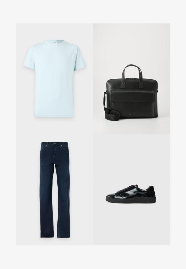 Lyseblå kortærmet T-shirt lavet af blød bomuld. Har en klassisk rund halsudskæring og et minimalistisk design uden mønstre eller detaljer.; Mørkeblå denim jeans med lige ben, fem lommer, knapåbning og kontrasterende syninger langs sømmene.; Sorte laklæder sneakers med rund tå, snørredesign, tekstureret gummisål og en glat overflade.; Sort læder arbejdstaske med dobbelte top-håndtag, en lomme foran og en aftagelig rem, der har subtil branding i bunden.