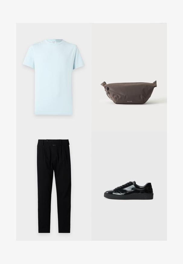 T-shirt bleu clair à manches courtes en coton doux. Il présente un col rond classique et un design minimaliste, sans motifs ni accents.; Pantalon noir à coupe ajustée, présentant un devant plat, des plis simples et une fermeture à bouton. Fabriqué en tissu lisse, adapté pour des tenues formelles.; Baskets en cuir verni noir avec un bout arrondi, un laçage, une semelle en caoutchouc texturé et une finition lisse.; Sac banane en tissu marron foncé avec poche zippée en diagonale et petit logo blanc sur le devant, sur un fond clair uni.