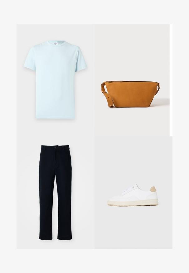 Lyseblå kortærmet T-shirt lavet af blød bomuld. Har en klassisk rund halsudskæring og et minimalistisk design uden mønstre eller detaljer.; Mørkeblå bukser lavet af bomuld, med en lige ben-design, en frontknaplukning og en klassisk talje med bæltestropper.; Hvide lavt-op sneakers med en tekstureret læderoverdel, cremefarvet ribbet sål og en tan hælaccent. Har hvide snørebånd og logo-detalje på hælen.; Lys brun læder crossbody taske med justerbar rem og lynlås, vist mod en ensartet lys baggrund.