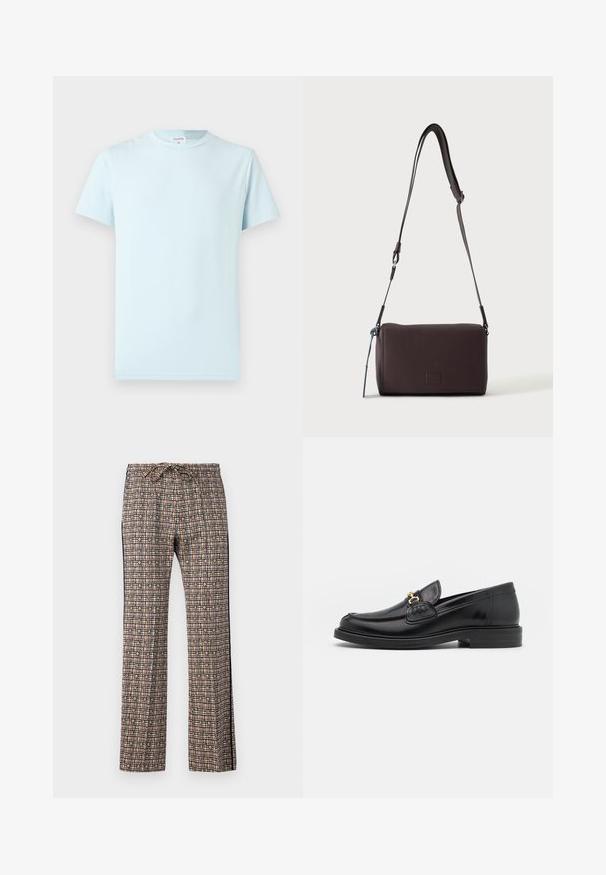 T-shirt bleu clair à manches courtes en coton doux. Il présente un col rond classique et un design minimaliste, sans motifs ni accents.; Pantalons larges à motif avec une taille à cordon. Présente un design en quadrillage rose, noir, blanc et vert, avec des accents floraux.; Mocassins en cuir noir avec un embout rond, présentant des accents en métal doré et des détails de couture, montés sur une semelle en caoutchouc texturé et basse.; Sac bandoulière en cuir marron foncé texturé avec une sangle réglable et un petit accent décoratif bleu sur le côté.