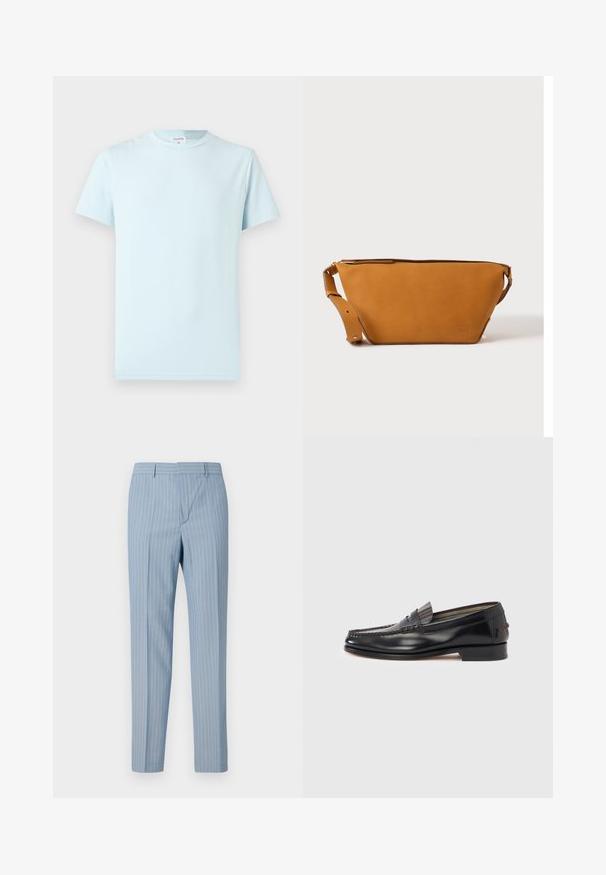T-shirt bleu clair à manches courtes en coton doux. Il présente un col rond classique et un design minimaliste, sans motifs ni accents.; Pantalons rayés bleu clair à coupe slim, dotés de rayures verticales blanches. Fabriqués à partir d'un tissu lisse avec un design ajusté.; Mocassins en cuir noir avec un design de style mocassin, présentant une bande décorative et un détail de couture sur le dessus. Talon bloc bas.; Sac bandoulière en cuir marron clair avec sangle réglable et fermeture éclair, présenté sur un fond clair uni.