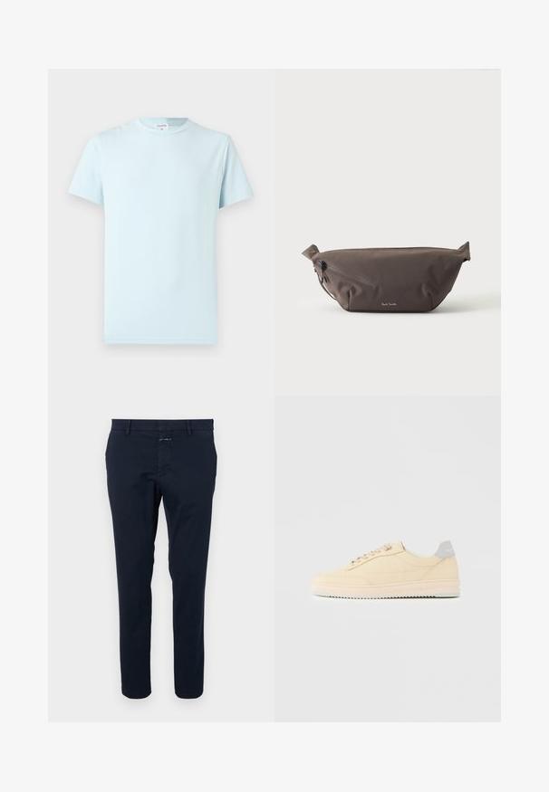 Hellblaues T-Shirt mit kurzen Ärmeln aus weicher Baumwolle. Verfügt über einen klassischen Rundhalsausschnitt und ein minimalistisches Design ohne Muster oder Verzierungen.; Navyblaue Baumwollchinos mit slim Fit, flachem Vorderteil und Reißverschluss. Verfügt über seitliche Taschen und eine Gesäßtasche mit einem kleinen Markentag.; Beiger Sneaker in niedrigem Design mit Schnürverschluss vorne, hellrosa Sohle und grauem Fersenlasche mit der Marke "Filling Pieces", seitlich auf neutralem Hintergrund gezeigt.; Dunkelbraune Stoff-Gürteltasche mit diagonalem Reißverschlussfach und kleinem weißen Logo vorne, vor einem einfarbigen hellen Hintergrund.