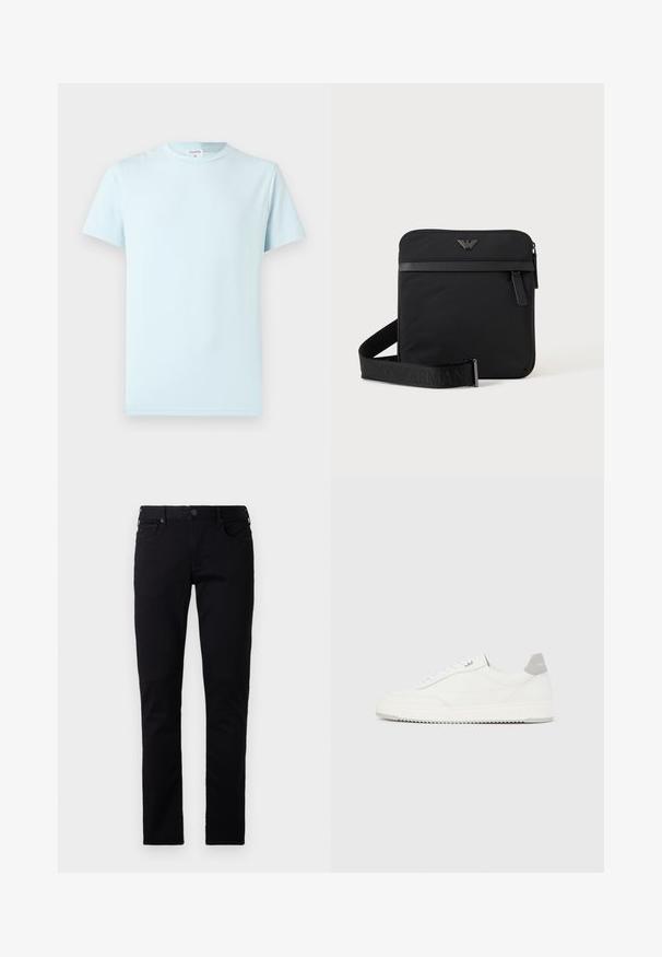 Svetlomodré tričko s krátkym rukávom z mäkkej bavlny. Má klasický okrúhly výstrih a minimalistický dizajn bez vzorov alebo ozdôb.; Emporio Armani POCKETS PANT - Slimfit džínsy - black denim; Biela nízka teniska so sivým pätovým pásikom, bielymi šnúrkami a členitou podrážkou, zobrazená na jednoduchom svetlom pozadí.; Čierna štvorcová kabelka cez rameno so zipsom, predným vreckom a nastaviteľným popruhom s vyrazeným názvom značky.