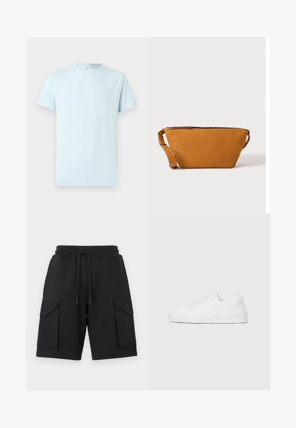 T-shirt bleu clair à manches courtes en coton doux. Il présente un col rond classique et un design minimaliste, sans motifs ni accents.; Shorts cargo noirs en tissu doux avec une taille élastique et un cordon de serrage. Comprennent deux grandes poches latérales et des ourlets cousus.; Sneaker blanc avec une tige en cuir lisse, bout rond, lacets, accents latéraux texturés et une épaisse semelle en caoutchouc. Design minimaliste.; Sac bandoulière en cuir marron clair avec sangle réglable et fermeture éclair, présenté sur un fond clair uni.
