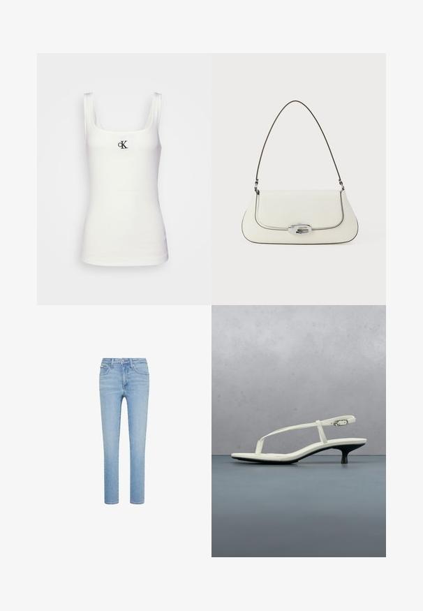 Débardeur en coton blanc avec un décolleté carré et des bretelles fines. Il présente un petit logo CK noir brodé sur le devant.; Jean en denim bleu clair, coupe droite, style cinq poches, avec fermeture à bouton et fermeture éclair à l'avant, présentant un léger effet délavé et des détails de couture subtils.; Sandale blanche à talon kitten avec des lanières et un bout pointu, flottant au-dessus d'un sol en carrelage en bois en plein air avec un arrière-plan flou de plante et de mur.; Sac à main en cuir blanc avec un design courbé, des coutures noires contrastantes, et un fermoir en métal argenté arborant le logo Calvin Klein.