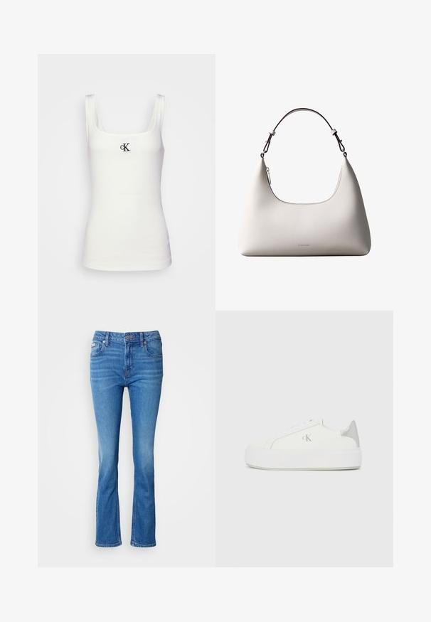 Hvid bomulds tanktop med firkantet udskæring og smalle stropper. Har et lille sort broderet CK-logo på forsiden.; Blå denim flared jeans med en mellemhøj talje, der har et klassisk fem-lomme design og en subtil affadet tekstur ved knæene.; Hvide lærredssneakers med en tyk hvid sål, prydet med en metallic sølvaccent på hælen og en diskret logo-detalje på siden.; Cremefarvet skuldertaske i læder fra Calvin Klein med buet topkant, sølvfarvet lynlås og mørkebrun justerbar rem.