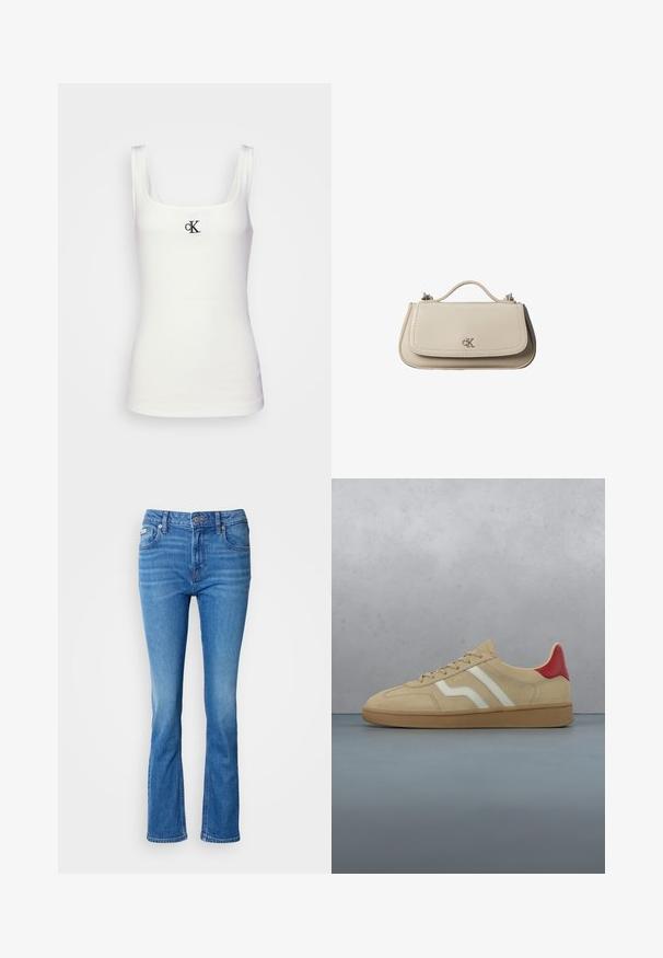 Biely bavlnený top s hranatým výstrihom a úzkymi ramienkami. Na prednej strane má malé čierne výšivkové logo CK.; Modré denimové rozšírené džínsy s stredne vysokým pásom, s klasickým päť-pocket dizajnom a jemne vyblednutou textúrou na kolenách.; Béžová semišová teniska s červeným akcentom na päte, bielymi pruhmi a textúrovanou svetlohnedou gumovou podrážkou. Má šnúrky a hladký vnútorný povrch.; Malá béžová kožená kabelka s horným držadlom a strieborným logom CK na prednej chlopni, zobrazená na bielom pozadí.