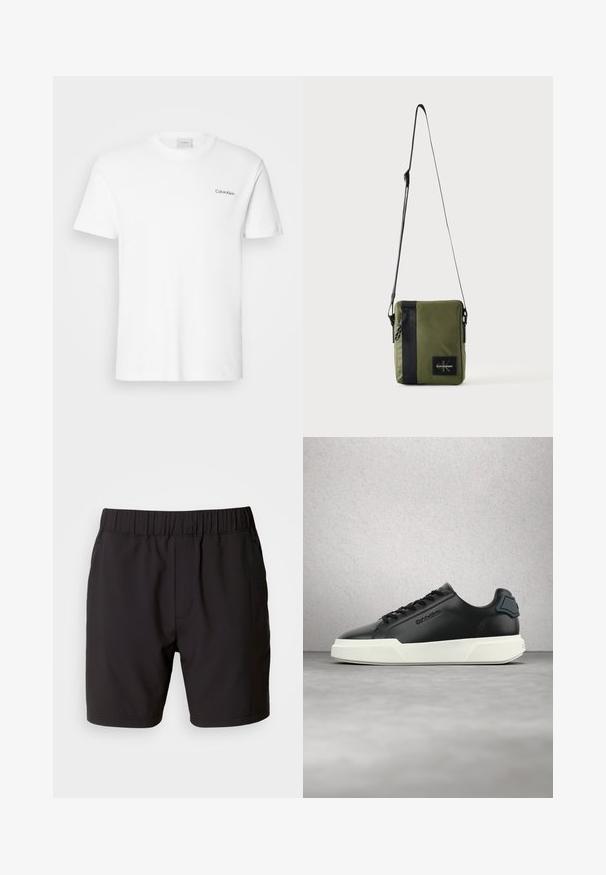Valge puuvillasest T-särk lühikäistega ja ümarkaelusega. Vasakul rinnal on väike must "Calvin Klein" logo.; Mustat lühikesed püksid venivast kangast, millel on elastne vöökoht, küljetaskud ja lihtne, puhas disain. Ilma mustrite või aktsentideta.; Mustast nahast spordijalats valge tallaga, mustade paeltega ja reljeefse logoga, mis näib hõljuvat halli põranda kohal, taga klaasplokkidega sein.; Väike oliivroheline õlakott musta vertikaalse triibu ja Calvin Kleini logo plaastriga, reguleeritava musta rihma ja tõmblukuga.
