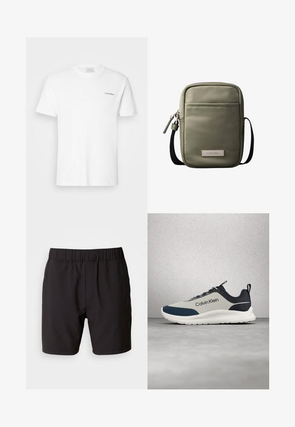 Hvid bomulds T-shirt med korte ærmer og rund halsudskæring. Har et lille sort "Calvin Klein" logo på venstre bryst.; Sorte shorts lavet af strækbart stof, med en elastisk talje, sidelommer og et simpelt, rent design. Ingen mønstre eller detaljer.; Lysegrå og marineblå Calvin Klein-sneaker med hvid sål og snørebånd svævende over en poleret beton gulv, glasvæg i baggrunden.; Kompakt korsbodytaske i olivengrøn med forlomme, sort justerbar rem, lynlåslukning og Calvin Klein logo-plakette.