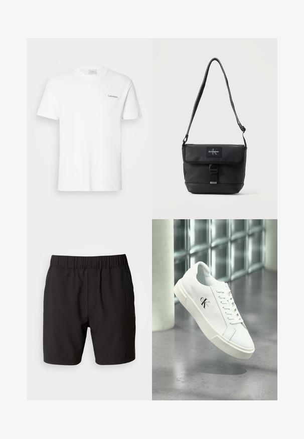 Witte katoen T-shirt met korte mouwen en een ronde hals. Bevat een klein zwart "Calvin Klein" logo op de linkerborst.; Zwarte shorts van rekbare stof, met een elastische tailleband, zijzakken en een eenvoudig, strak ontwerp. Geen patronen of accenten.; Witte Calvin Klein sneaker met veters, zwevend getoond boven een gepolijste betonnen vloer en een achtergrond van glasblokken.; Zwarte Calvin Klein schoudertas met verstelbare band, voorflap, gespsluiting en zichtbaar merklogo-patch.