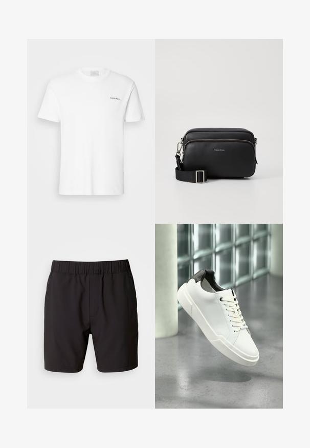 Hvid bomulds T-shirt med korte ærmer og rund halsudskæring. Har et lille sort "Calvin Klein" logo på venstre bryst.; Sorte shorts lavet af strækbart stof, med en elastisk talje, sidelommer og et simpelt, rent design. Ingen mønstre eller detaljer.; Hvid lav tå-sneaker med sort struktureret hælfane, hvide snørebånd og tyk sål på en poleret betongulv nær glasblokke.; Sort læder crossbody taske med to lynlåslommer, struktureret overflade, justerbar rem og sølvhardware detaljer. Calvin Klein-logoet er vist.