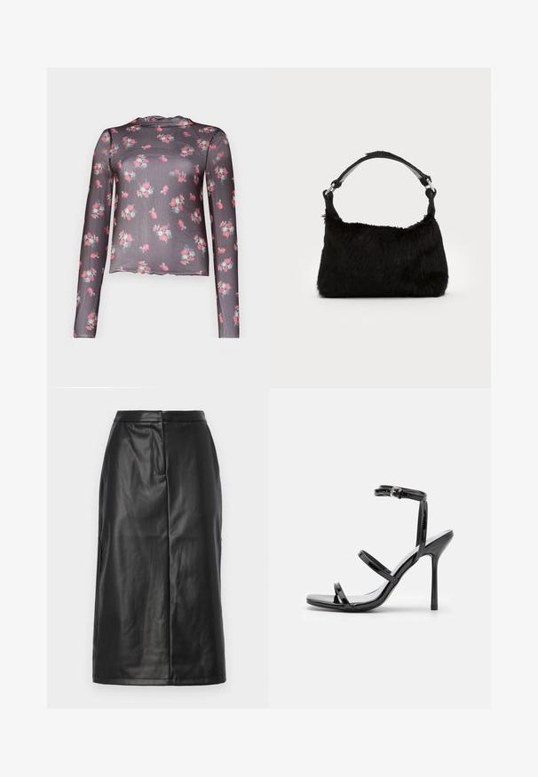 Haut à manches longues en voile gris foncé avec un motif floral de roses roses et vertes, présentant un ourlet festonné et une texture légère.; Jupe en cuir noir avec une silhouette ajustée, présentant une texture lisse, un design mi-long et des détails de coutures subtils. Pas d'accents en métal.; Sandales à talons hauts en cuir verni noir avec trois sangles horizontales et une sangle de cheville ajustable. Silhouette élégante et finition brillante.; Sac à main en fausse fourrure noire avec une texture douce, une forme arrondie et une bandoulière en cuir noir robuste. Accent en métal argenté visible.