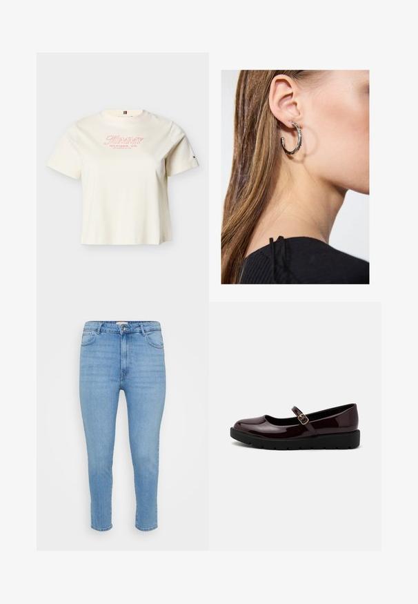 Cremefarvet kortærmet t-shirt med rund halsudskæring med "Tommy Hilfiger, Co. Los Angeles, CA USA" i rød tekst foran og lille logo på venstre ærme.; Lyseblå højtaljede skinny jeans med knap- og lynlås-lukning, for- og baglommer, samt ankellængde.; Glinsende burgunderfarvede Mary Jane-sko med en rund tå, justerbar spænde rem og en sort, tekstureret platformsål.; Sølv hoop ørestik med en poleret overflade, prydet med små guld accenter og en rund form, båret på øreflippen.