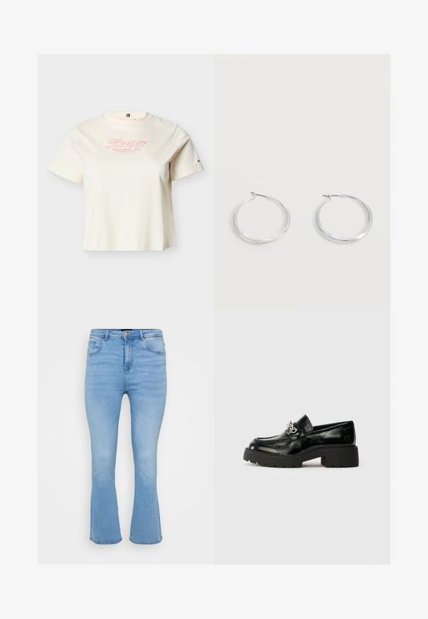 Cremefarvet kortærmet t-shirt med rund halsudskæring med "Tommy Hilfiger, Co. Los Angeles, CA USA" i rød tekst foran og lille logo på venstre ærme.; Lyseblå flagrende jeans i denim af bomuld. Features høj talje, fem lommer og synlige sømme langs sømme og kant.; Sorte læder loafers med en glansfuld finish, der har et sølvfarvet metal-accent og en kraftig gummisål, designet til et moderne look.; Sølvfarvede metaloorringe med glat, let buet overflade og låsemekanisme på en ensfarvet hvid baggrund.