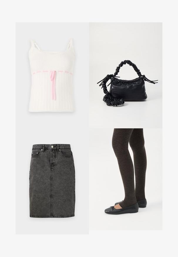 Hvid ribbet tanktop med en tætsiddende pasform, der har en pink snoreliv og blonder trim på stropperne. Tekstur med et subtilt mønster.; Sort denimnederdel med lige pasform, forreste knaplukning, bæltestropper og subtilt falmet tekstur med to sidelommer.; Ben iført mørke ribbede leggings kombineret med sorte balletsko med små sløjfedetaljer på hvid baggrund.; Sort kunstlæder håndtaske med krokodilteksur, indsnøret top og en sammenkrøben rem. Ser blød og kompakt ud i designet.