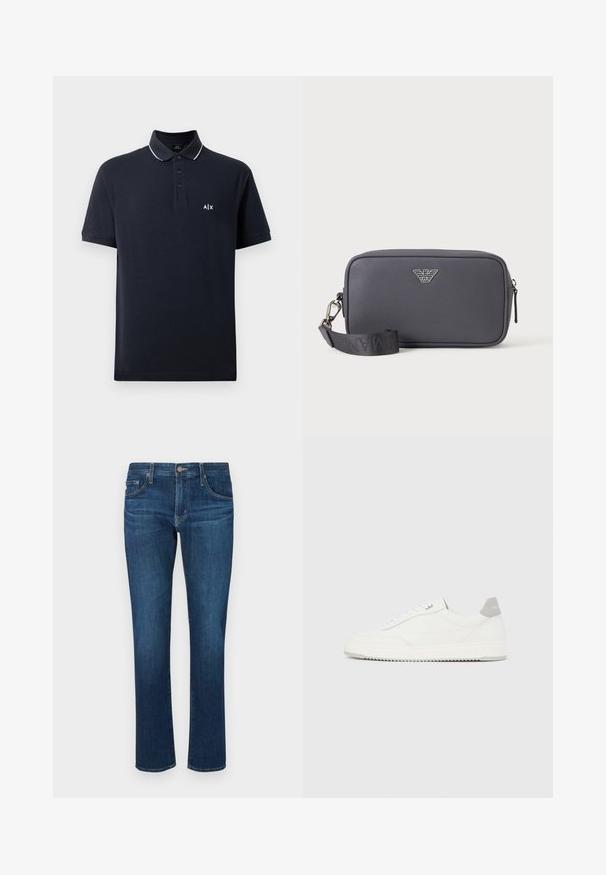 Mørkeblå polo skjorte lavet af bomuld, med en tre-knap front, hvid kravekant og et lille hvidt logo på brystet.; Mørkeblå denimjeans med lige ben-design, klassisk fem-lomme stil og en knaplukning i taljen. Glat tekstur.; Hvid lavtop-sneaker med gråt hælflig, hvide snørebånd og tekstureret sål, vist på en ensfarvet lys baggrund.; Rektangulær mørkegrå crossbody taske med tekstureret overflade, sølv logoemblem, lynlås lukning og sort justerbar rem med metal spænde.