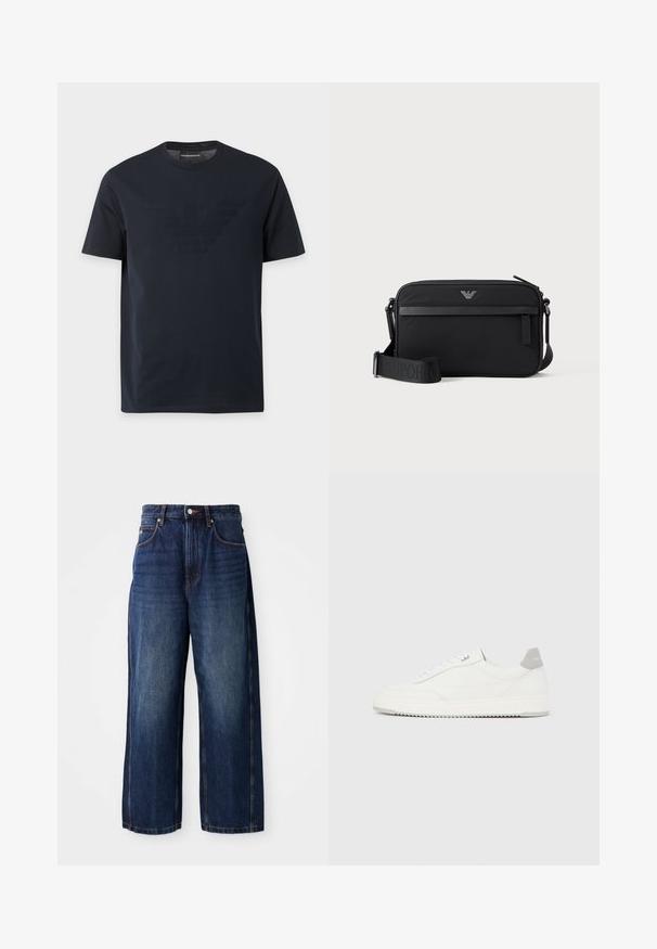 Schwarzes T-Shirt mit kurzen Ärmeln und Rundhalsausschnitt, mit einem dezenten, erhabenen Adler-Logo auf der Brust und einem Markenetikett innen im Kragen.; Dunkelblaue Weite-Leg-Jeans aus Denim. Verfügt über einen klassischen Bund mit Gürtelschlaufen, frontale Taschen und eine gerade Passform.; Weißer Sneaker mit niedrigem Schaft, grauem Fersenlaschen, weißen Schnürsenkeln und einer strukturierten Sohle, dargestellt vor einem schlichten hellen Hintergrund.; Schwarze rechteckige Umhängetasche mit vorderer Reißverschlusstasche, verstellbarem Schultergurt und kleinem Metalllogo oben in der Mitte.