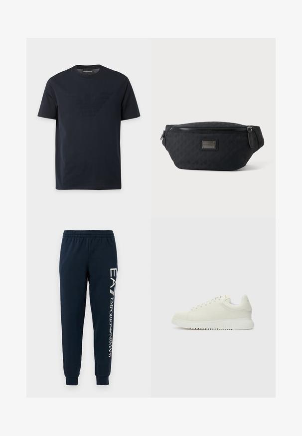 Zwart T-shirt met korte mouwen en ronde hals, met een subtiel reliëf adelaarlogo op de borst en een merklapje binnenin de kraag.; Marine joggers met een elastische tailleband, omgeslagen enkels en witte geprinte branding langs het linkerbeen. Zacht, matte stoffen textuur.; Witte leren sneaker met een textuur bovenkant, ronde neus, vlakke witte zool en tonale veters. Subtiele branding op de tong.; Zwarte stoffen heuptas met ritssluiting aan de voorkant en klein metalen logo plaatje in het midden, weergegeven tegen een effen achtergrond.