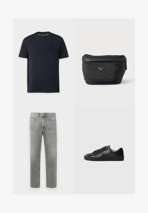 Zwart T-shirt met korte mouwen en ronde hals, met een subtiel reliëf adelaarlogo op de borst en een merklapje binnenin de kraag.; Grijze denim jeans met een rechte pijp, voorzien van een klassiek vijf-pocket ontwerp en subtiele vervaging voor textuur. Standaard ritsopening.; Zwarte leren sneaker met een gladde textuur, ronde neus en vetersluiting. Heeft een dikke rubberen zool en minimale merkaanpassing.; Zwarte heuptas met voorvak met rits en zilveren adelaarlogo, gladde stof met gestructureerde afwerking en ritstrekker.