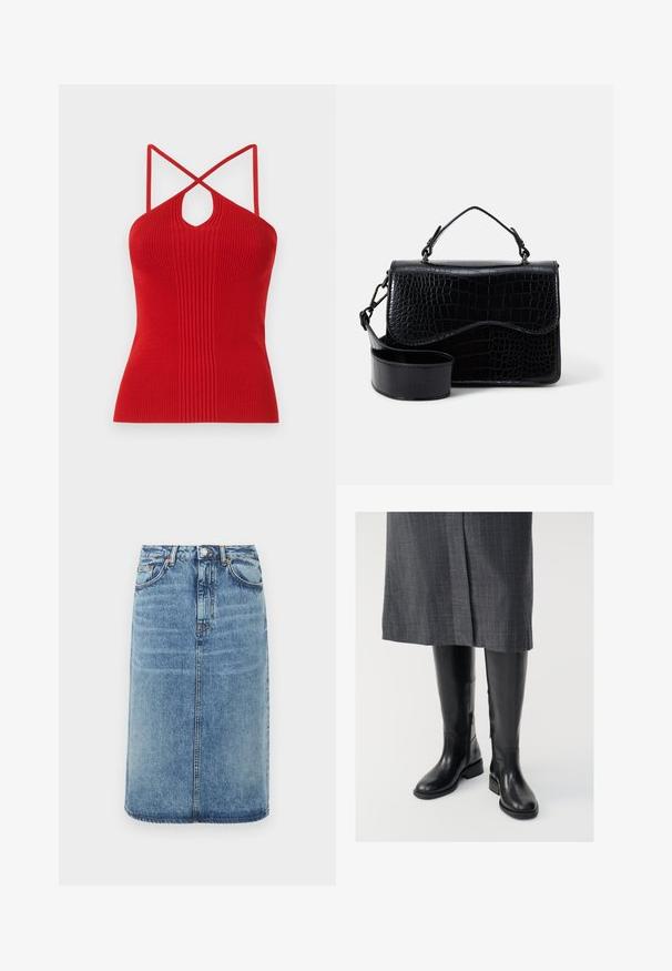 Červený rebrovaný halter top s výrezom v oblasti kľúčnej kosti, tenkými krížovými ramienkami a priliehavým strihom. Vyrobené z elastického pleteného materiálu.; Džínová sukňa vo svetlomodrej farbe. Má rovný strih, päť vreciek a zapínanie na gombík s pásikmi. Zvýraznená je poškodená textúra.; Čierne kožené čižmy po kolená s hladkou textúrou, bočnými zipsami a plochou podrážkou. Čižmy majú štruktúrovaný lem a minimálne doplnky.; Čierna crossbody taška z faux kože s textúrovaným krokodílím vzorom, s hornou rukoväťou a nastaviteľným popruhom. Vlastnosť: zatváranie na zakrivený klapku.