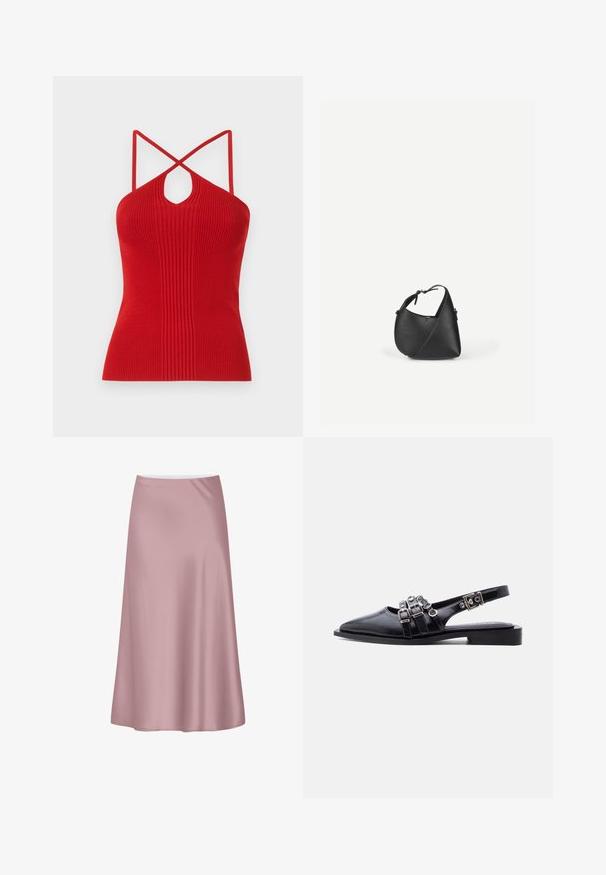 Rotes, geripptes Neckholder-Top mit einem Schlüssel-ausschnitt, dünnen überkreuzten Trägern und einer taillierten Form. Hergestellt aus einem dehnbaren Strickmaterial.; Sanfter rosa Satin-Midirock mit A-Linien-Silhouette und glattem, fließendem Stoff.; Schwarzer Leder-Slingback mit spitzer Schuhspitze, drei Schnallenriemen und silbernen Metallakzenten auf weißem Hintergrund.; Schwarze Leder-Umhängetasche mit abgerundeter dreieckiger Form und verstellbarem Riemen vor einem schlichten hellen Hintergrund.