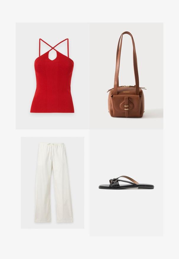 Haut halter rouge à côtes avec une découpe en clé, des bretelles croisées fines et une coupe ajustée. Fabriqué en matière tricot extensible.; Pantalon blanc à jambes larges avec taille élastique et cordon de serrage, présenté à plat sur un fond clair.; Sandales en cuir noir à tongs avec de fines lanières croisées et une semelle plate, arborant un design minimaliste et une texture lisse.; Sac à main en cuir texturé marron avec longues bandoulières, une poche avant sécurisée par une sangle avec deux boucles dorées, et un détail de fermeture éclair dorée sur le dessus.