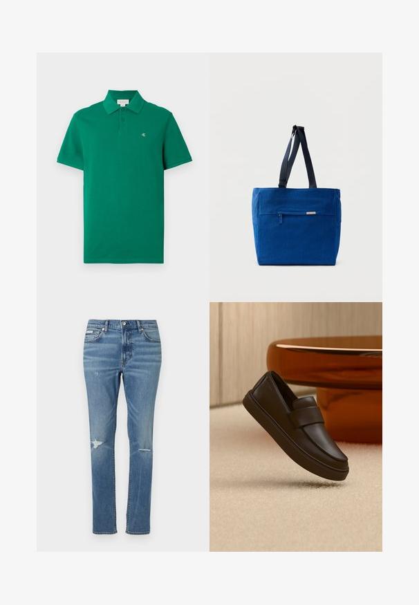 Polo vert en coton, avec un col classique, des manches courtes, et un petit logo CK brodé sur la poitrine.; Jeans en denim bleu clair à coupe droite, avec des détails usés aux genoux et un style classique à cinq poches.; Une chaussure mocassin en cuir marron foncé flottant au-dessus d'un tapis crème avec une table ronde orange en arrière-plan.; Sac fourre-tout en toile bleue avec une poche zippée à l'avant, des doubles bretelles et une forme rectangulaire. Dispose d'une étiquette de marque discrète.